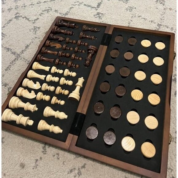 New Magnetic Wooden Chess and Checkers Game Set, 15 Inches (2 in 1) Chess Board - Picture 1 of 2